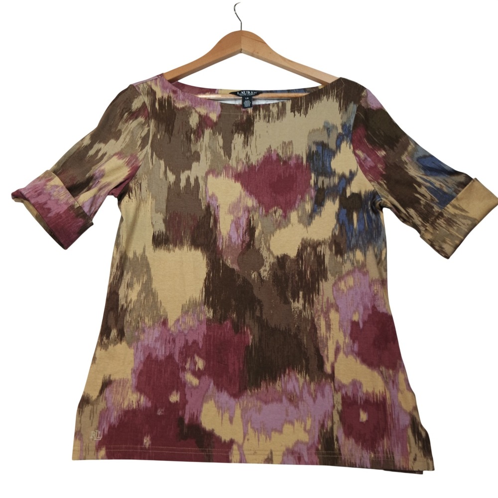 Lauren Ralph Lauren Womens Large Abstract Ikat Boat Neck Cuffed Short Sleeve Top